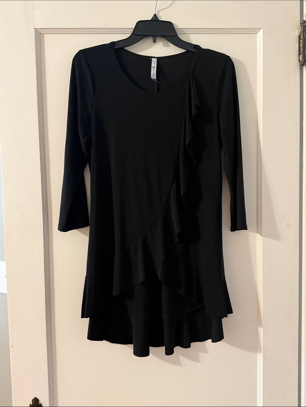 Come N See Black Ruffle Long High Low Tunic Top Blouse Size Small